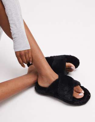 Brave Soul Faux Fur Slipper Slides In Black
