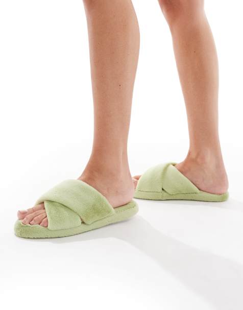 Brave Soul faux fur slipper slides in light green - view 1