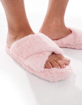Brave Soul Faux Fur Slipper Slides In Pink