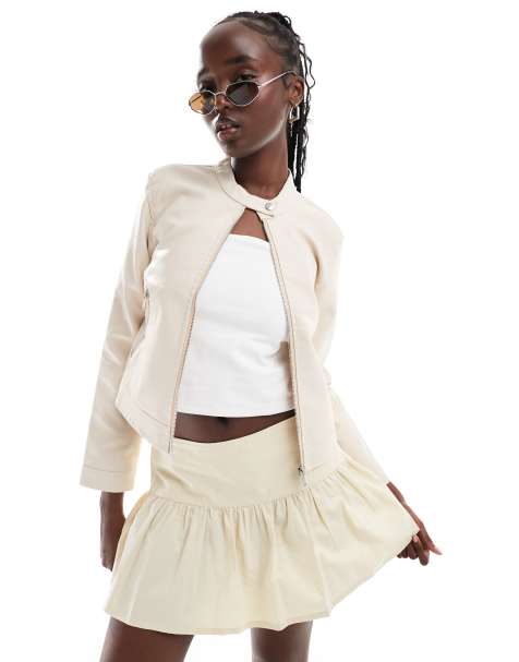 Brave Soul faux leather biker jacket in cream - view 1