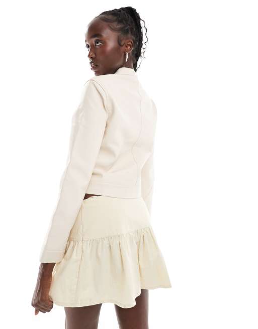 Brave Soul faux leather biker jacket in cream ASOS