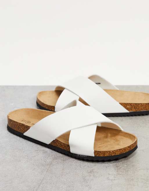 Brave Soul faux leather cross strap slides in white