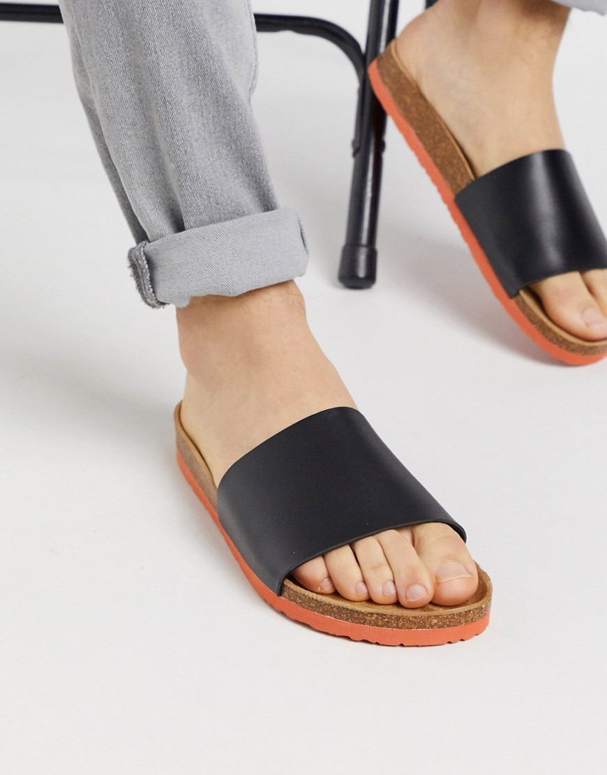 Brave Soul faux leather sliders in black with colour contrast-Zwart