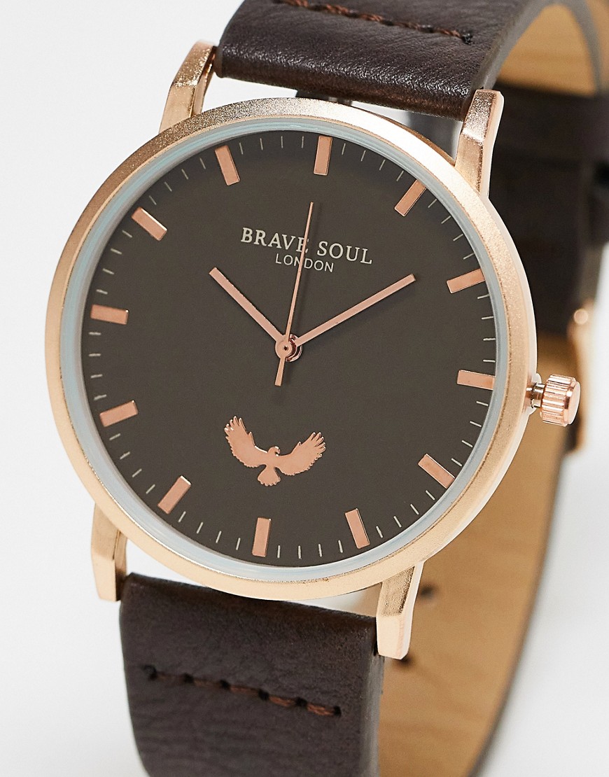 Brave Soul Faux Leather Strap Watch In Black And Gold