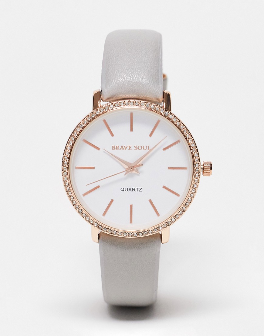 Brave Soul faux leather strap watch with diamante detail in gray and rose gold