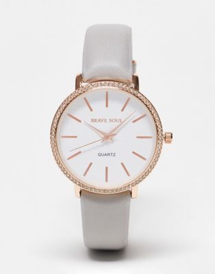 Brave Soul faux leather strap watch with diamante detail in gray and rose gold - Click1Get2 Deals