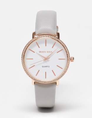 Brave Soul faux leather strap watch with diamante detail in gray and rose gold - Click1Get2 Mega Discount