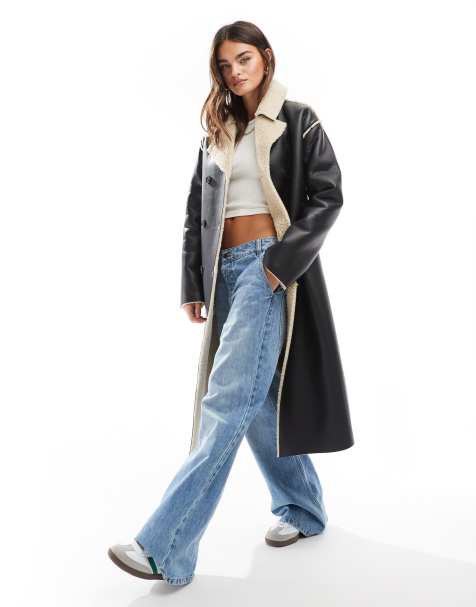 Brave Soul faux shearling long coat in black - view 1