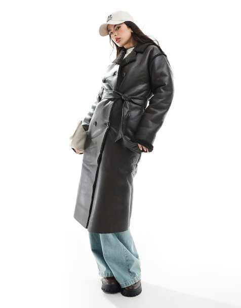 Brave Soul faux shearling long coat in brown - view 1