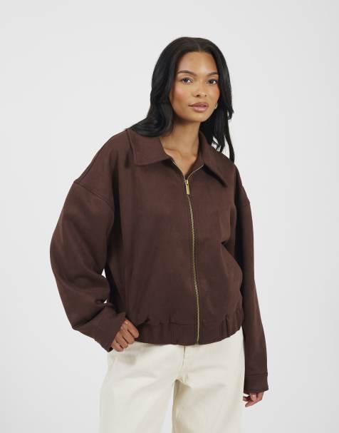 Brave Soul Faux suede bomber jacket in chocolate - view 1