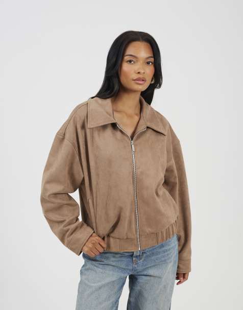 Brave Soul Faux suede bomber jacket in taupe - view 1