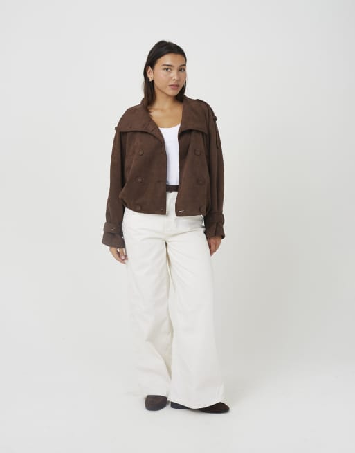 Brave Soul Faux suede double breasted jacket in chocolate, 3 of 4