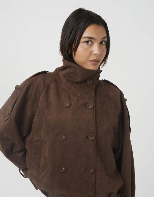 Brave Soul Faux suede double breasted jacket in chocolate, 4 of 4