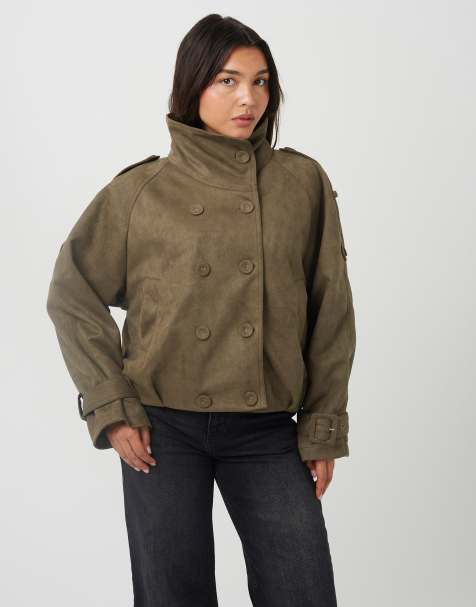 Brave Soul Faux suede double breasted jacket in khaki - view 1