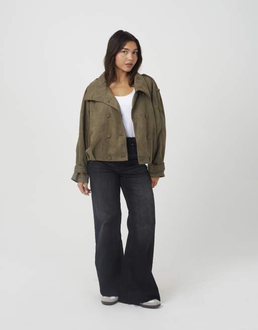 Brave Soul Faux suede double breasted jacket in khaki, 3 of 4