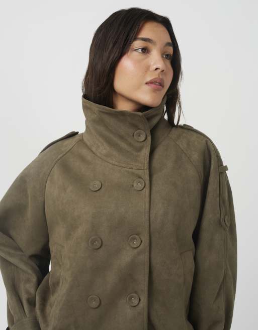 Brave Soul Faux suede double breasted jacket in khaki, 4 of 4