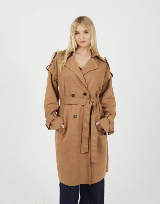Brave Soul Faux suede double breasted trench coat in tan