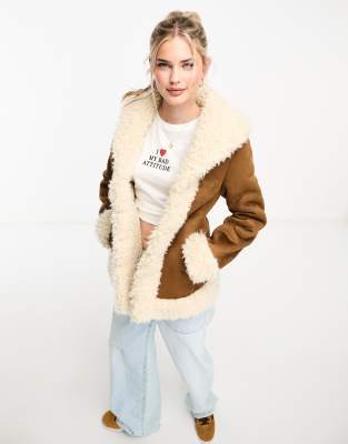 Brave Soul faux suede jacket with faux fur detail in brown