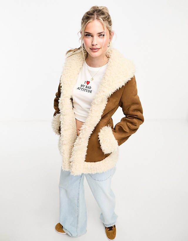 Brave Soul - faux suede jacket with faux fur detail in brown