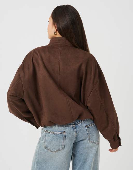 Brave Soul Faux suede short bomber jacket in chocolate, 2 of 4