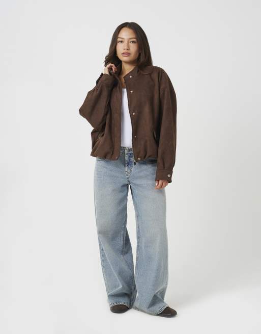 Brave Soul Faux suede short bomber jacket in chocolate, 3 of 4