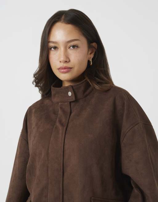 Brave Soul Faux suede short bomber jacket in chocolate, 4 of 4