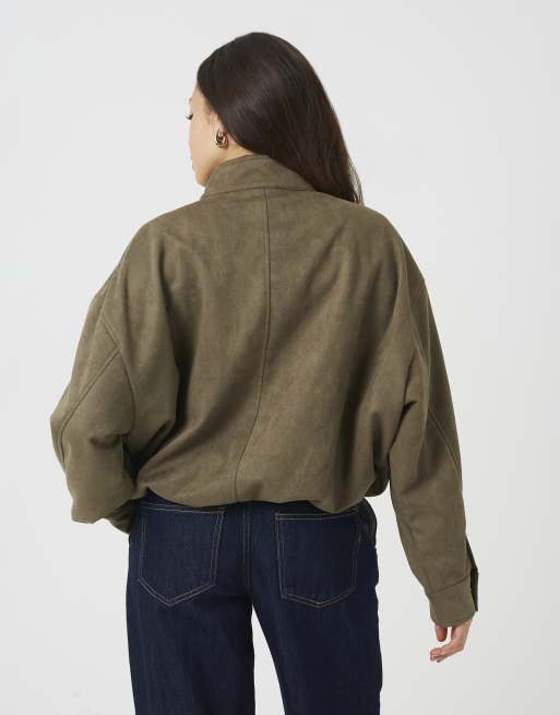 Brave Soul Faux suede short bomber jacket in khaki, 2 of 4