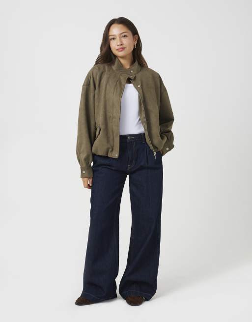 Brave Soul Faux suede short bomber jacket in khaki, 3 of 4