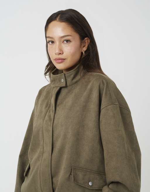 Brave Soul Faux suede short bomber jacket in khaki, 4 of 4