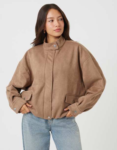 Brave Soul Faux suede short bomber jacket in taupe - view 1