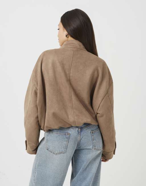 Brave Soul Faux suede short bomber jacket in taupe, 2 of 4