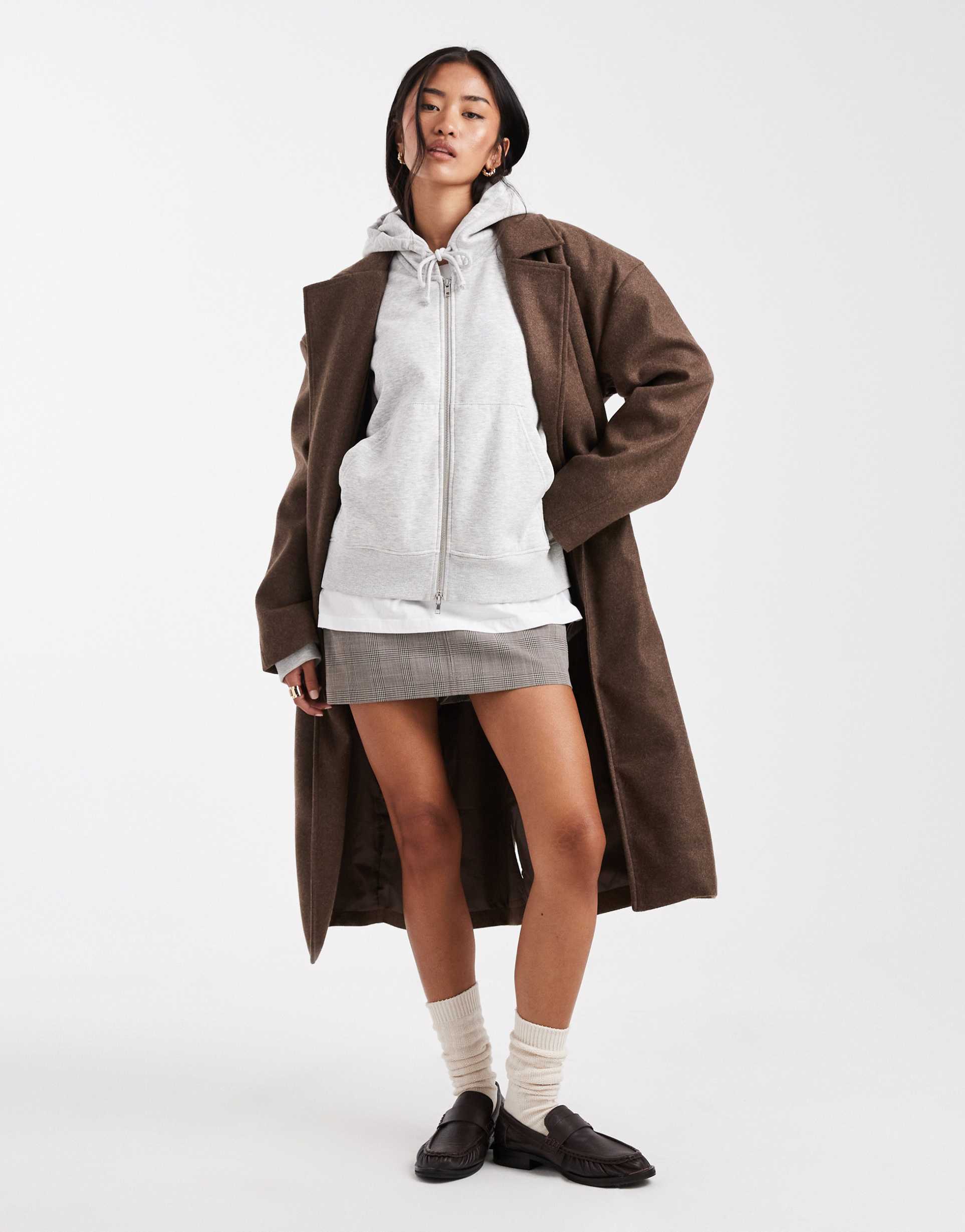 brave soul faux wool longline belted overcoat in brown