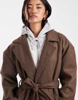 Brave Soul Faux Wool Longline Belted Overcoat In Brown