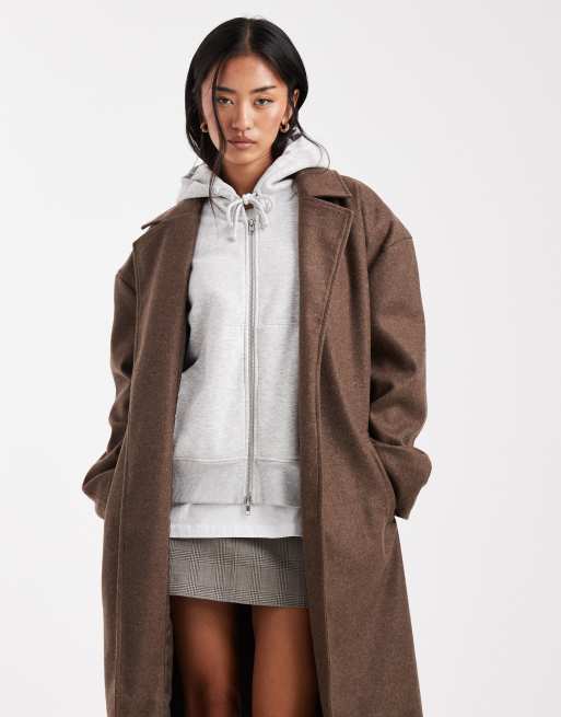 Brave Soul faux wool longline belted overcoat in brown, 3 of 4