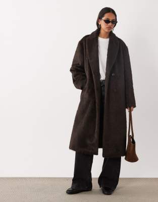 Brave Soul Faux Wool Oversize Double Breasted Overcoat In Brown