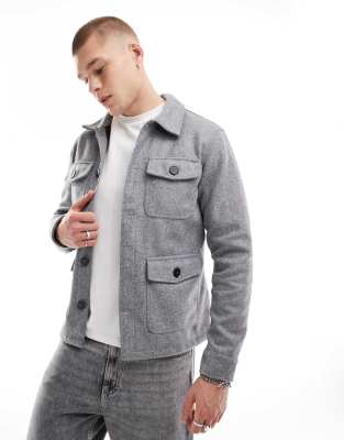 Brave Soul faux wool shacket in grey-Black