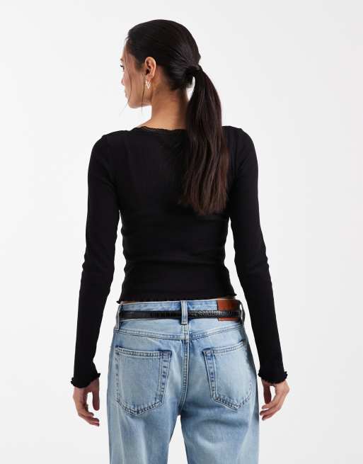 Brave Soul – Feinstrick-Set in Schwarz mit Spitzendetail, bestehend aus Camisole-Oberteil und Strickjacke, 4 von 4