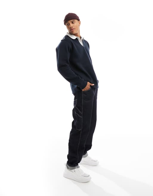 Brave Soul - Felpa comoda blu navy con colletto stile polo a contrasto
