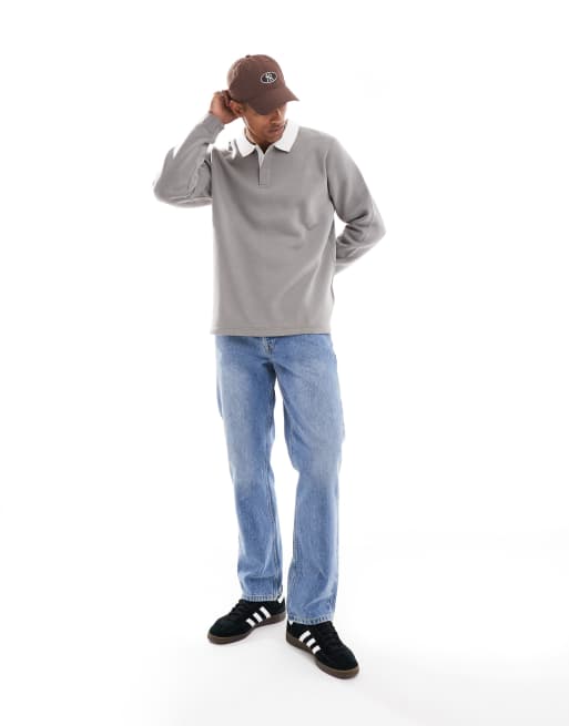 Brave Soul - Felpa comoda grigia con colletto stile polo a contrasto