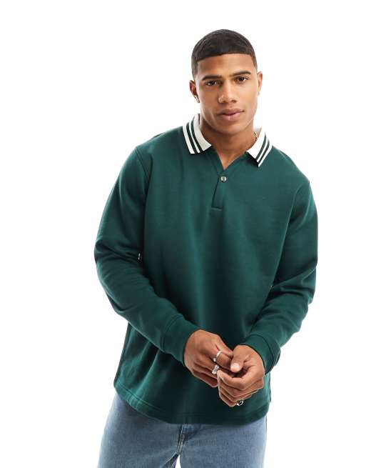 Brave Soul - Felpa comoda verde con colletto stile polo con righe a contrasto