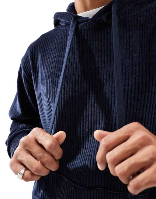 Brave Soul - Felpa con cappuccio oversize in tessuto a coste blu navy, 3 di 4