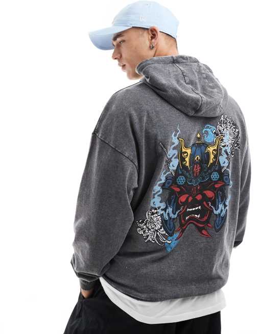 Brave Soul - Felpa con cappuccio oversize nera lavaggio acido
