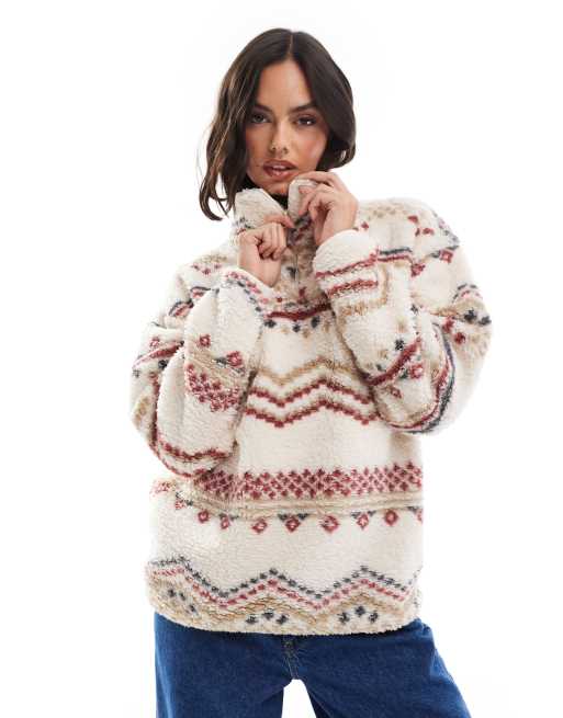 Brave Soul - Felpa in pile borg crema con stampa e zip corta