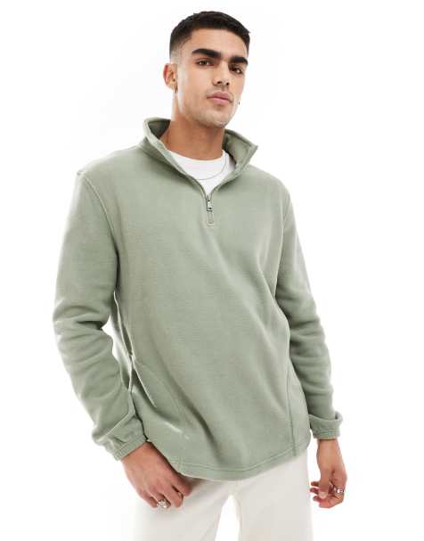 Brave Soul - Felpa oversize in pile verde salvia con zip corta - view 1