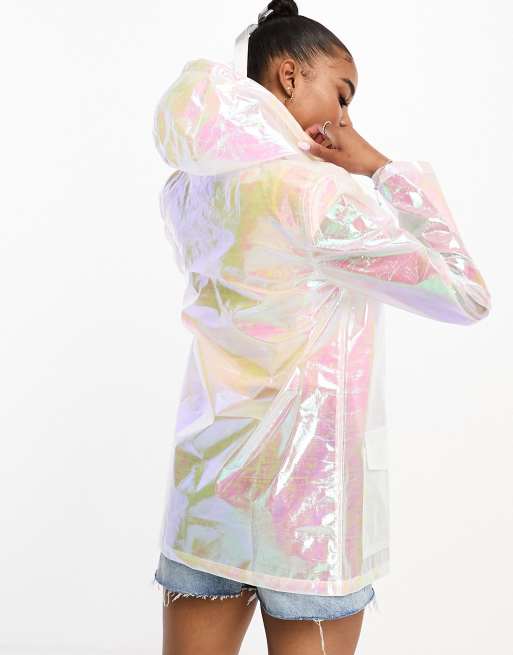 Brave Soul festival hooded rain mac in iridescent white