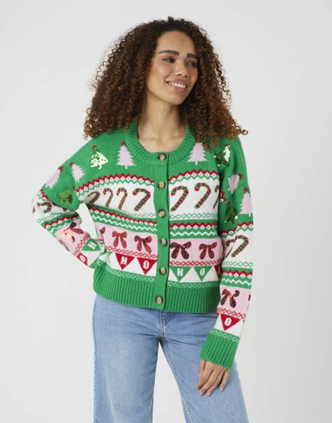Brave Soul Festive jacquard knit christmas cardigan in green - view 1