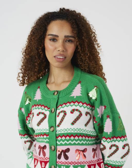 Brave Soul Festive jacquard knit christmas cardigan in green, 4 of 4