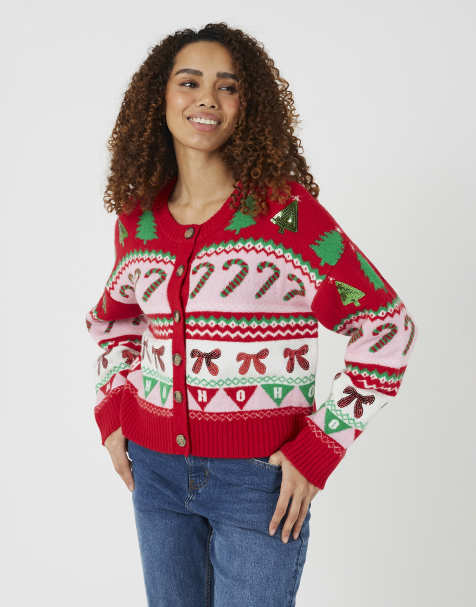 Brave Soul Festive jacquard knit christmas cardigan in red - view 1