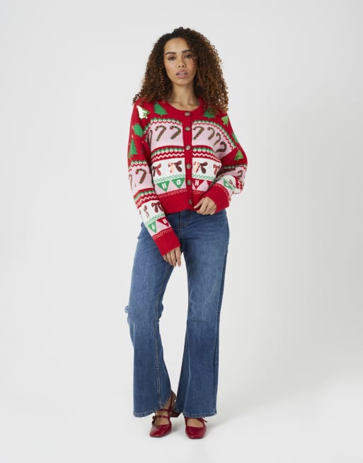 Brave Soul Festive jacquard knit christmas cardigan in red, 3 of 4