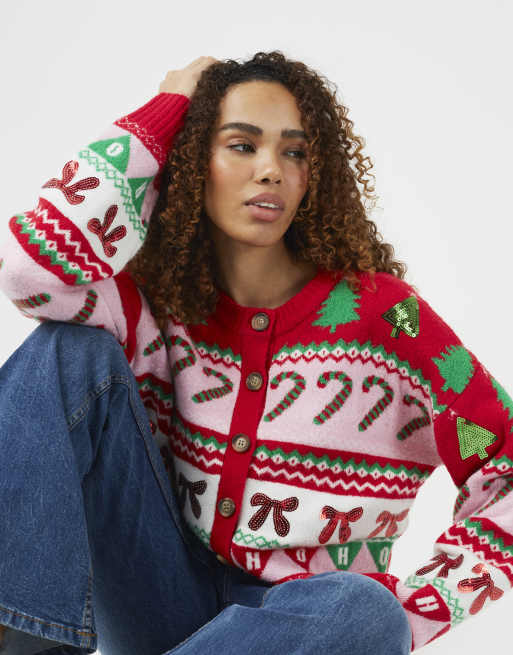 Brave Soul Festive jacquard knit christmas cardigan in red, 4 of 4